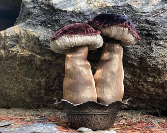 Fairy-tale Mushroom Duo Sculpture in a Repurposed Vintage Bowl - Handmade Textile Mushroom, Recycled Fabric, Mushroom Forest Sculpture
