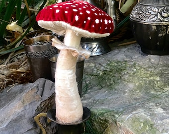Amanita Mushroom Sculpture in a vintage metal jug - Handmade Textile Fly Agaric - Recycled Fabric, Mushroom Sculpture, Forest Sculpture