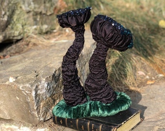 Alien Green Mushroom Combo on a Fabric Moss Stand- Handmade Textile Mushroom, Recycled Fabric, Mushroom Sculpture, Forest Art