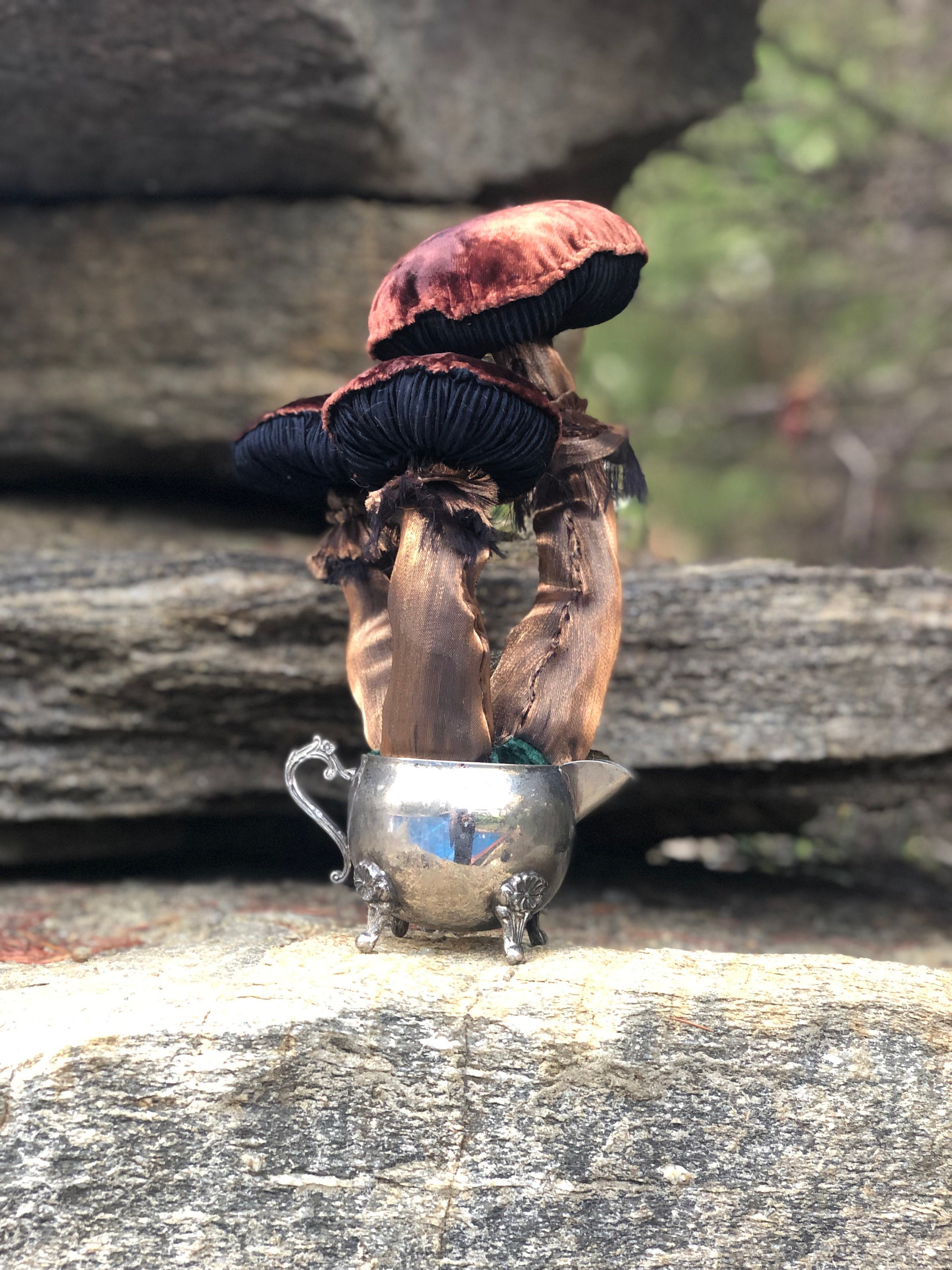 Whimsical Mushroom Cluster Sculpture in a Repurposed Vintage Milk Jug- Handmade Textile Mushroom, Recycled Fabric, Mushroom Forest Sculpture