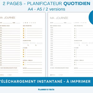 Peut inclure: Un téléchargement numérique d'un planificateur quotidien en français. Le planificateur comprend des sections pour les rendez-vous, les priorités, l'hydratation, les listes de tâches et les notes. Le texte "2 PAGES - PLANIFICATEUR QUOTIDIEN" est en haut.