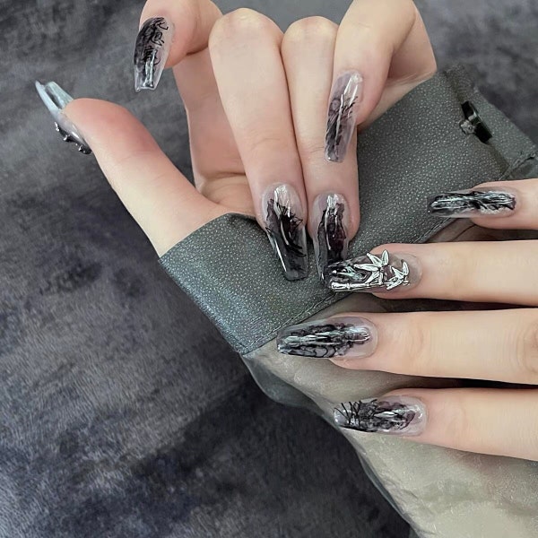 Chinese-Style Bamboo Leaf Press on nails Butterfly Classic Grey False Nails  Blue Ink hand painted Fake nails