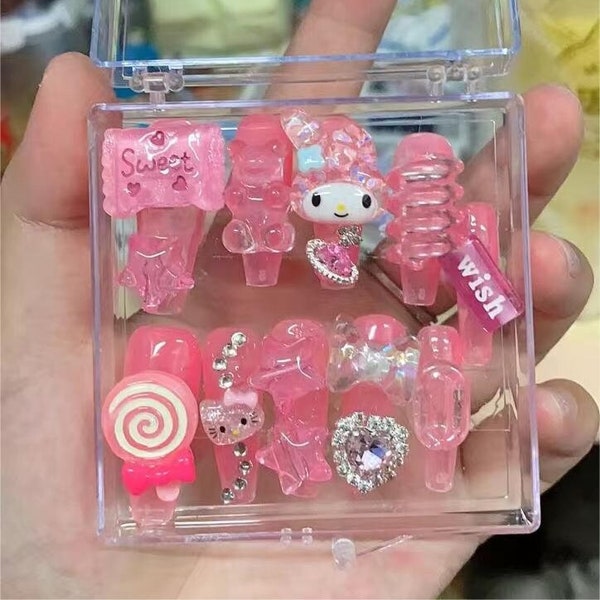 Handmade Pink Puppy Cute Cinnamo roll  Press On Nails Cute Kawaii Nails Y2K Nails  Long Nails Melody Nails Japanese Nails