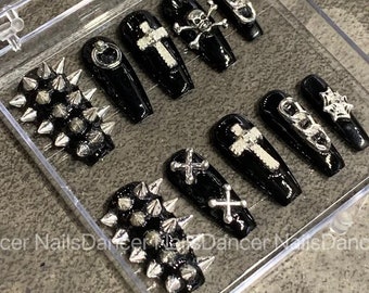 Black Gothic Nails Cross Fake Nails Rokku Press on Nails Gyaru Punk Nails