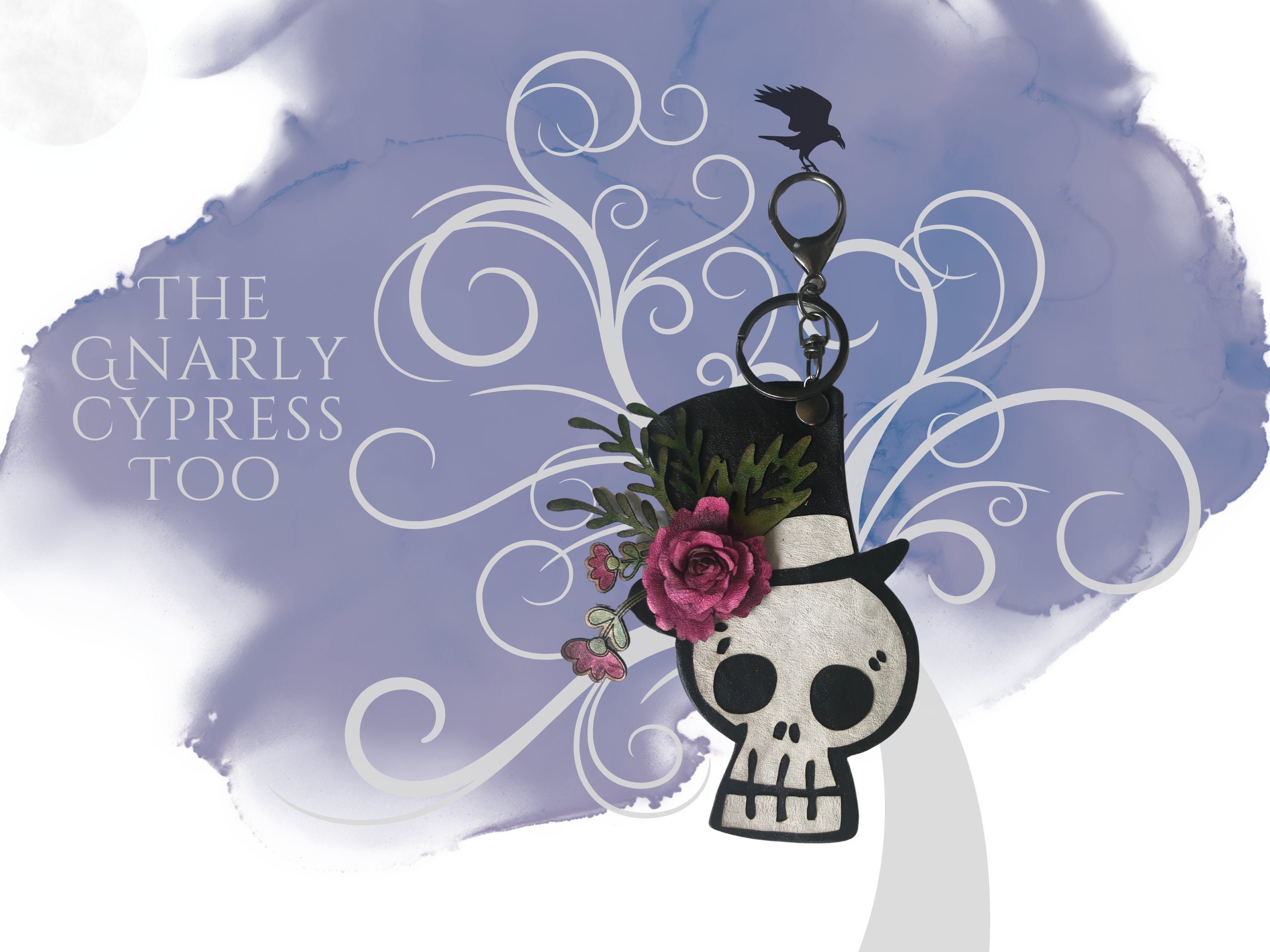 Leather Purse Keychain Charm with Simple Skull and 3D Leather Rose