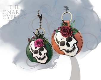 Leather Coin Purse Charm with Skull, Pink Rose, and Snap Closure
