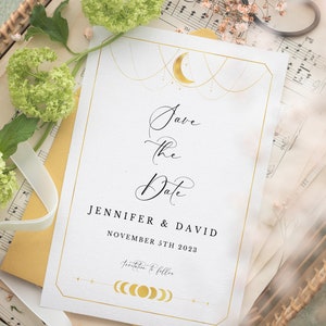 Celestial Wedding Save The Date-sjabloon, uitnodiging maan en sterren, sterrenbeeld bruiloftsfeest Save Our Date uitnodigen, tarotkaart uitnodiging