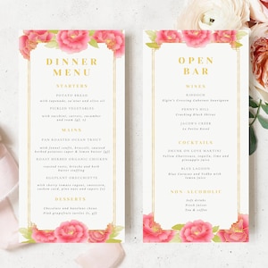Cartão de menu de casamento asiático, modelo de menu de bar, menu de jantar, menu para impressão rosa-poeira, menu editável de peônia, casamento chinês