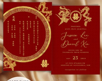 Chinese Wedding Card Invitation Template, Gold Dragon Phoenix Wedding Invite Printable Traditional Chinese Double Happiness 婚禮喜帖