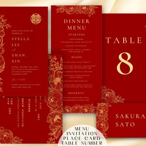 Chinese Wedding Invitation Template Bundle, Red Wedding Card, Floral Wedding Invite, Minimalist Asian Wedding, Red Double Happiness 婚禮喜帖