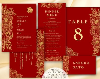 Chinese Wedding Invitation Template Bundle, Red Wedding Card, Floral Wedding Invite, Minimalist Asian Wedding, Red Double Happiness 婚禮喜帖