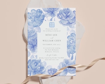 Floral Chinese Wedding Invitation Template, Red Double Happiness (Digital)