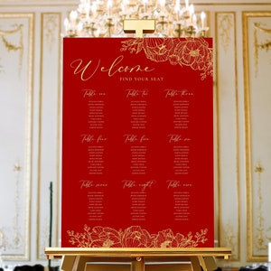 Modelo de gráfico de assentos para casamento asiático, floral vermelho, encontre seu assento, placa de boas-vindas para casamento chinês, sinalização de casamento para impressão faça você mesmo