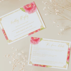 Scheda RSVP per matrimonio cinese, modello di scheda RSVP minimalista, scheda di matrimonio con peonia rosa antico asiatico, scheda di matrimonio con dettagli orientali