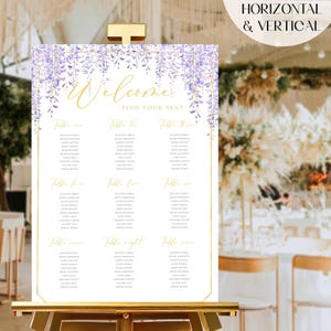 Teken Aziatische bruiloft zitplaatsen, lila bloemen sjabloon 'Vind je stoel', Chinese bruiloft welkomstbord, DIY afdrukbare bruiloft bewegwijzering