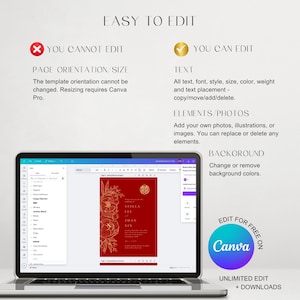 Op de afbeelding: Een laptopscherm waarop een Canva-ontwerptemplate voor een huwelijksuitnodiging wordt weergegeven. De template heeft een rode achtergrond met gouden bloemmotieven en de tekst "STELLA LEE & ZHAN XIN". De tekst "EDIT FOR FREE ON Canva" is ook zichtbaar op het scherm.