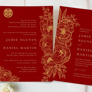 Vietnamesische Hochzeitseinladung Vorlage, zweisprachige Viet Hochzeitseinladung, digital druckbare Karte, Blumenhochzeit, rote Thiep Cuoi Karte
