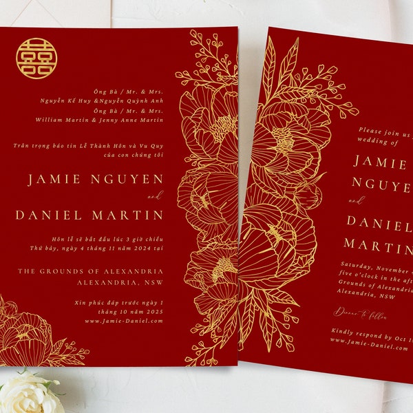 Vietnamese Wedding Invitation Template, Viet Bilingual Wedding Card, Digital Printable Tea Ceremony Card, Red Thiep Cuoi Floral Wedding