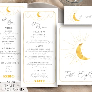 May include: A white table card with gold accents and a crescent moon design. The card includes the text "Table Eight" and a menu with a list of food and drink options. The menu includes starters, mains, desserts, wines, cocktails, and non-alcoholic drinks.