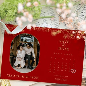 Modello cinese Save The Date, calendario fotografico per matrimonio, Save Our Date con foto, Save the Date stampabile digitale con doppia felicità
