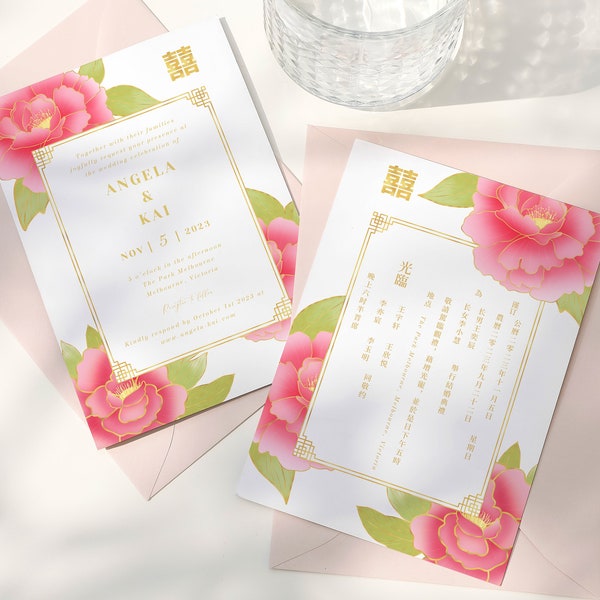 Chinese Wedding Invitation Template, Floral Asian Wedding Card, Dusty Rose Wedding, Modern Oriental Invite, Double Happiness, 婚禮喜帖