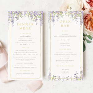 Cartão de menu de casamento asiático, modelo de menu de bar, menu de jantar, menu para impressão lilás, menu editável de glicínias, casamento roxo