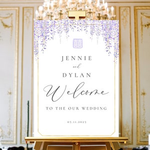Asian Wedding Welcome Sign Template, Lilac Floral Welcome Board Download, Chinese Wedding Welcome Sign, DIY Printable Wedding Signage
