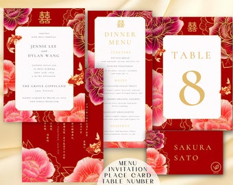 May include: A red and gold wedding invitation suite featuring a floral design. The invitation includes the names Jennie Lee and Dylan Wang, the date 1st June 2024, and the location The Grove Gippsland. The menu card lists starters, mains, and desserts. The table number card displays the number 8 and the name Sakura Sato.
