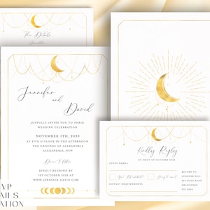 Set di inviti di nozze celesti, modello modificabile della festa di nozze della costellazione, invito luna e stelle fai da te, pacchetto stampabile