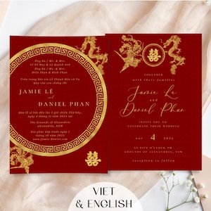 Plantilla de invitación de boda vietnamita, invitación de boda bilingüe vietnamita, tarjeta de ceremonia del té con fénix y dragón dorado, Thiep Cuoi rojo imprimible