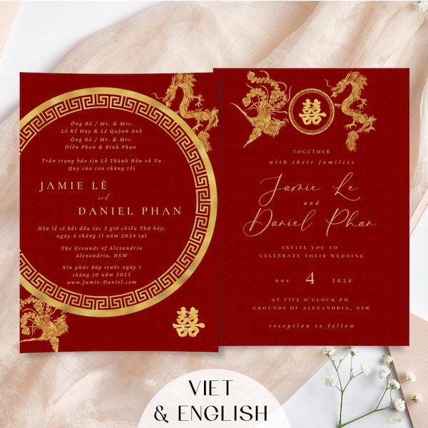 Vietnamese Wedding Invitation Template, Viet Bilingual Wedding Invite, Gold Dragon Phoenix Tea Ceremony Card, Printable Red Thiep Cuoi