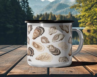 Fisherman Aesthetic Mug, Fishing Cup, Outdoor Camping Gear, Coastal Decor, Enamel Mug, Oyster Pattern,