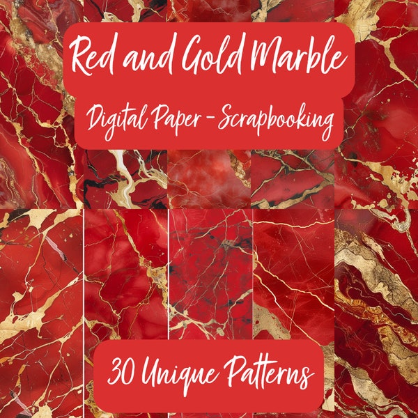 Marble Digital Paper, Red Marble Digital Paper, Red and Gold Digital Paper