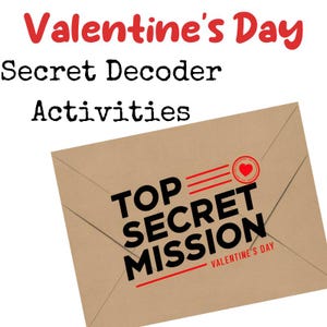 以下が含まれることがあります： 赤いハートと黒い文字で「TOP SECRET MISSION」と書かれた茶色の紙の封筒。封筒には、ハートと黒い文字で「VALENTINE'S DAY」と書かれた赤いスタンプが押されています。