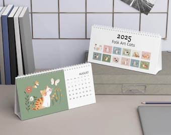 Desk Calendar 2025 - Modern Folk Art Cats, Bold Grid Design, Pastel and Earth Tones, Floral Decor, Butterfly, Clean Lines, Simple