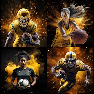 May include: Four athletes wearing sports uniforms and holding sports equipment. A football player in a yellow and green uniform with a football, a basketball player in a yellow and black uniform with a basketball, a football player in a yellow and black uniform with a football, and a basketball player in a black and white uniform with a basketball.