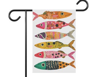 Sardine Banner, Garden Banner, Fisherman Aesthetic, Colorful Sardines Decoration, Yard Flag, Outdoor Home Decor, Nautical Theme Banner