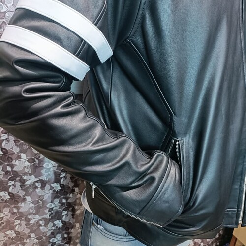 Ethan Leather Genuine Leather Jacket For Men's Front shops White Stripe
