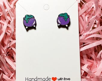 Fun Wooden Gothic Cauldron Earrings, Halloween Earrings, Spooky Witch Alternative Jewellery For Her