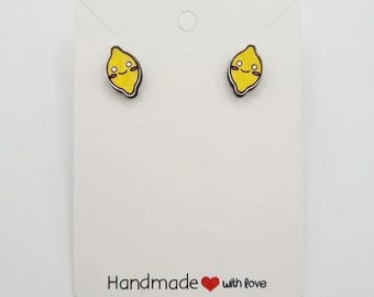 Kawaii Happy Lemon Wooden Stud Earrings Handmade quirky gift, Cute grape earrings, Foodie accessories