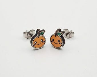 Kawaii Happy Orange Handmade Wooden Stud Earrings Handmade quirky gift, Cute grape earrings, Foodie accessories