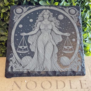 Engraved Libra Zodiac Slate Coaster: Celestial Astrology Gift
