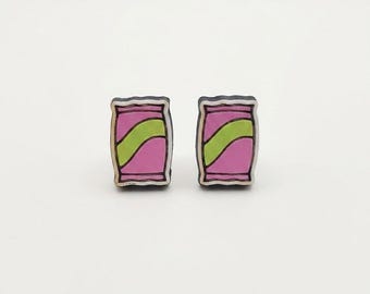 Handcrafted Pink & Green Crisp Bag Wooden Stud Earrings | Cute Retro Potato Chip Packet Earrings | Funny Snack Food Laser Cut Studs