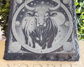 Engraved Taurus Zodiac Slate Coaster: Celestial Bull Design