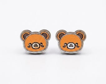 Handmade Wooden  Bear Head Stud Earrings – Cute woodland animal jewellery – Kawaii fox earrings – Handmade gift for her – Fun accessories