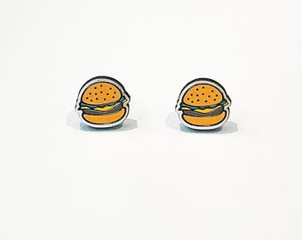 Burger stud earrings, Kawaii food jewellery, Cute cheeseburger earrings, Quirky handmade gift, Fun fast food accessories