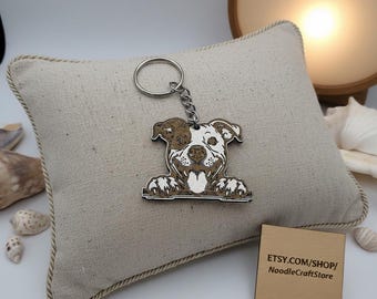 American Pitbull Keyring, Wooden Pitbull Gift, Laser Engraved Keychain Dog Lover, American Pitbull Keychain