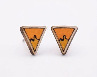 Handcrafted Wooden Nacho Cheese Triangle Stud Earrings | Cute Funny Food & Mountain Laser Cut Earrings | Minimalist Gift for Foodies