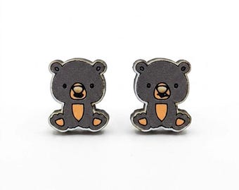 Handmade Wooden Brown Bear Stud Earrings – Cute woodland animal jewellery – Kawaii fox earrings – Handmade gift for her – Fun accessories
