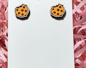 Chocolate Chip Cookie Stud Earrings: Hand-Painted Wooden Bitten Design